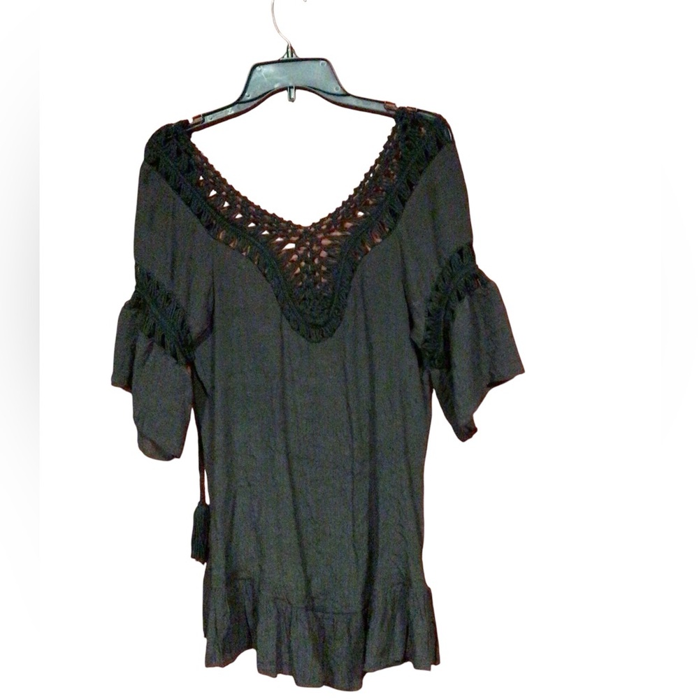 Boho Crochet Womens Black Low Back Feather Beaded Fringe Back Tie swimsuit cover